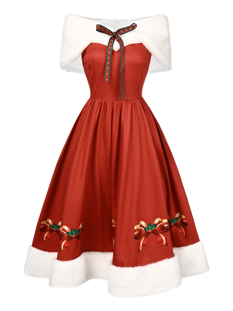 2PCS Christmas 1950s Strapless Bow Fur Dress & Shawl: where 1950s romance meets her modern spirit