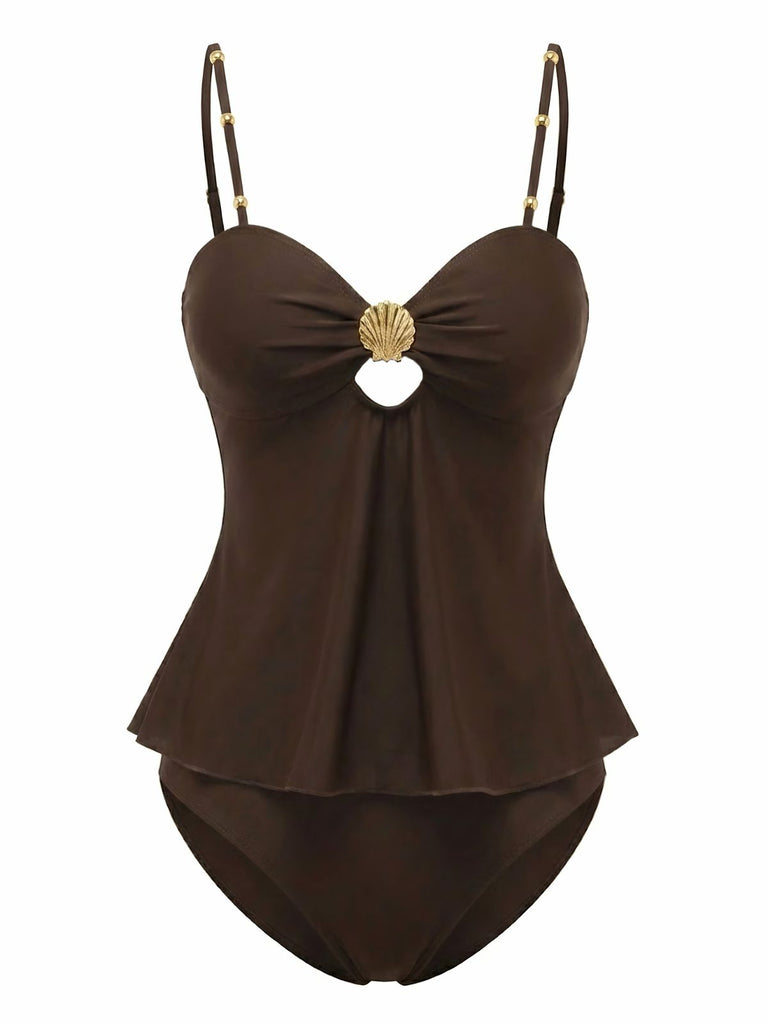 2PCS Dark Brown 1950s Solid Shell Tankini Set: beautiful vintage fashion, retro style, classic elegance with timeless appeal