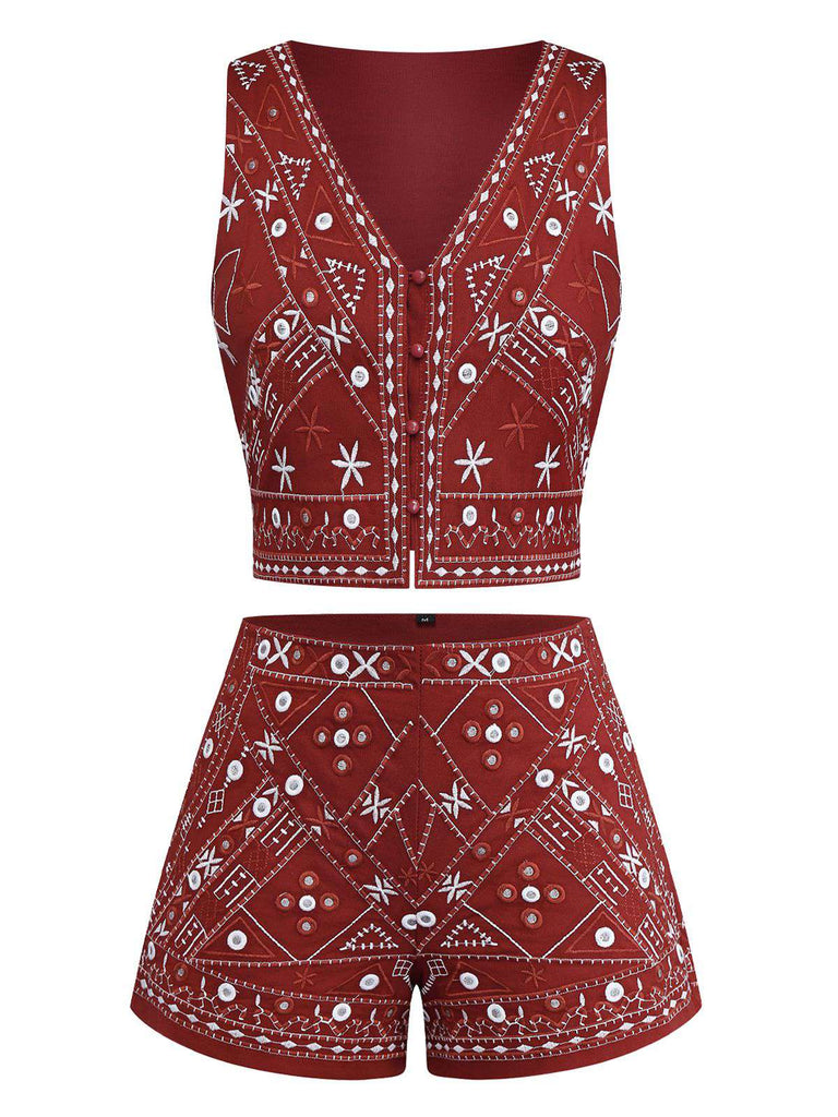 2PCS Dark Red 1970s Embroidered Boho Vest & Shorts - vintage fashion, retro style, elegant red