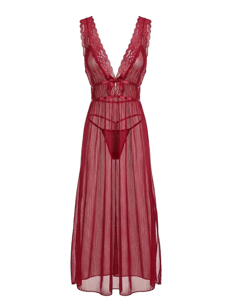 2PCS Deep Red 1980s Lace Color Block Knit Nightgown | vintage lingerie, retro nightgown, elegant sleepwear - perfect for retro fashion enthusiasts