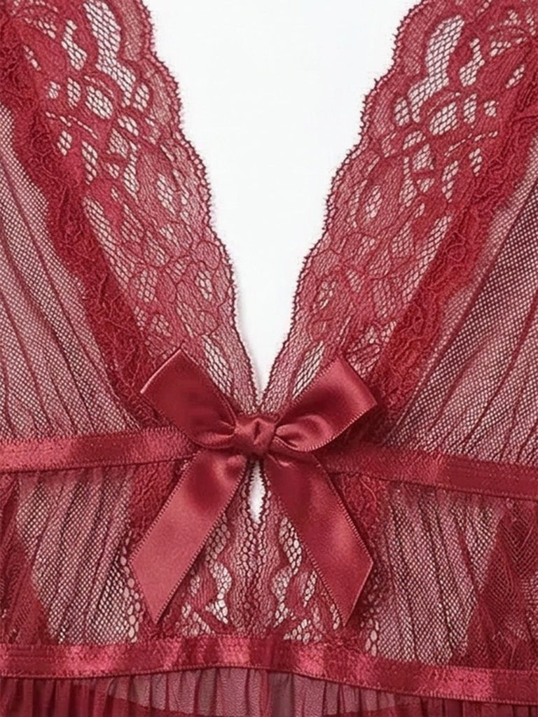 2PCS Deep Red 1980s Lace Color Block Knit Nightgown | vintage lingerie, retro nightgown, elegant sleepwear - perfect for retro fashion enthusiasts