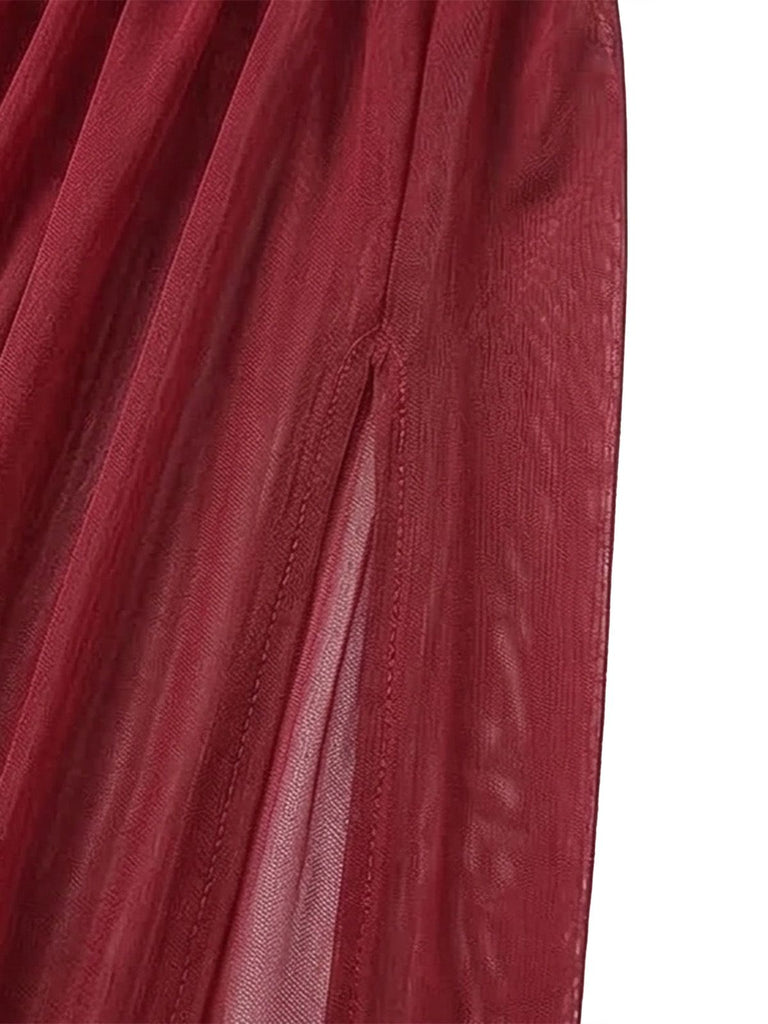 2PCS Deep Red 1980s Lace Color Block Knit Nightgown - vintage lingerie, retro nightgown, elegant sleepwear for vintage lovers