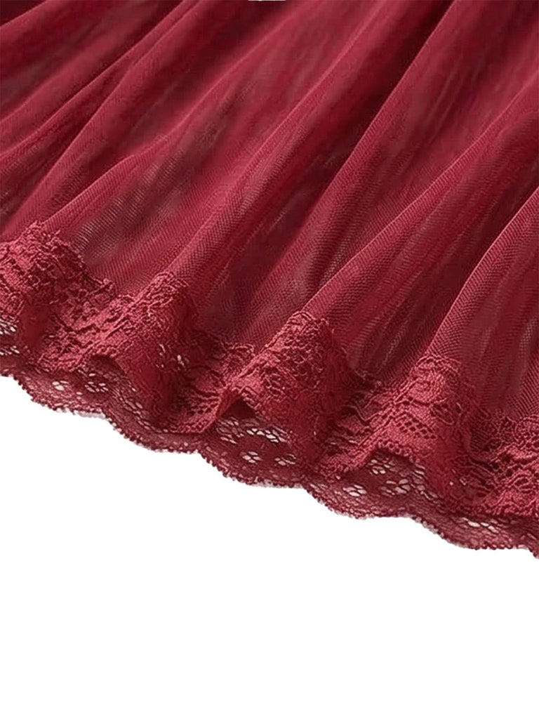 2PCS Deep Red 1980s Lace Color Block Knit Nightgown | vintage lingerie, retro nightgown, elegant sleepwear - perfect for retro fashion enthusiasts
