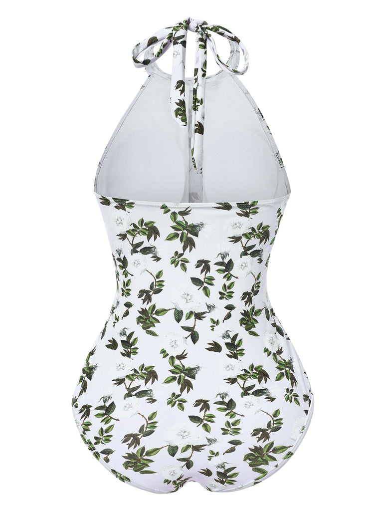 2PCS Green 1930s Leaf Print Halter One-Piece Swimsuit & Cover Up, vintage swimsuit, pin-up swimwear - perfect for women who love vintage and retro fashion
