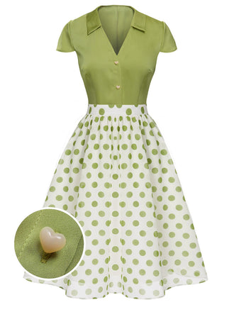 She pairs this 2PCS Green 1940s Buttons Shirt & Polka Dots Skirt with confidence and 1940s charm