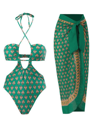 She's wearing 2PCS Green 1940s Flowers One-Piece Swimsuit & Cover-Up and the whole beach remembers the 1940s