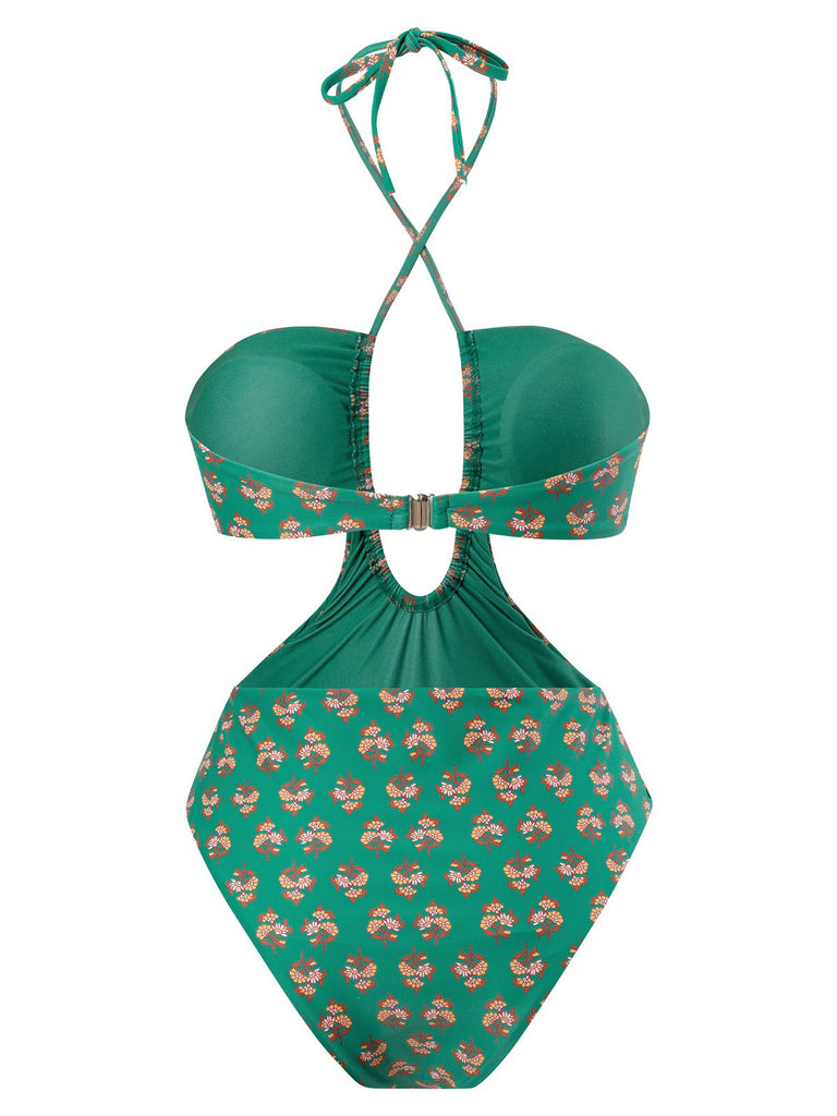 This 2PCS Green 1940s Flowers One-Piece Swimsuit & Cover-Up carries 1940s vacation dreams in every stitch