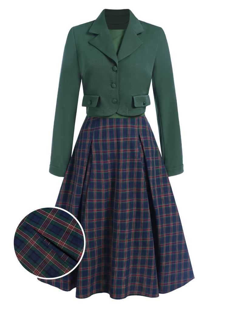 She slips into this 2PCS Green 1940s Lapel Button Blazer & Plaids Dress and suddenly it's a 1940s daydream