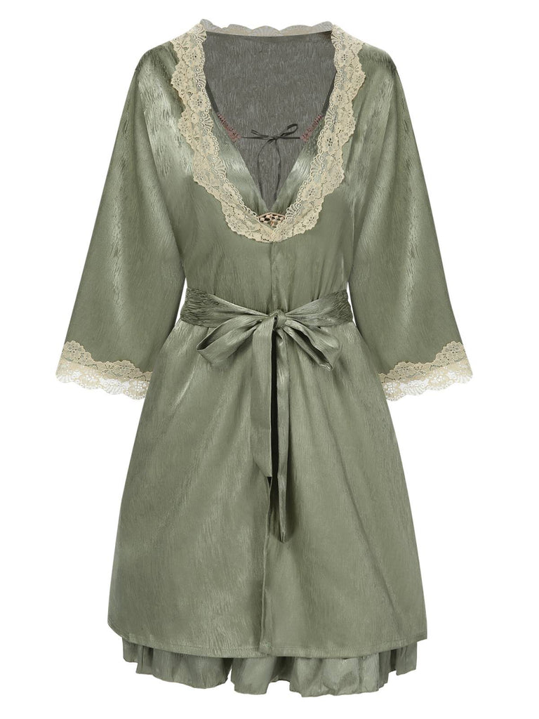2PCS Green 1950s Guipure Lace Nightgown & Robe - vintage nightgown, retro sleepwear