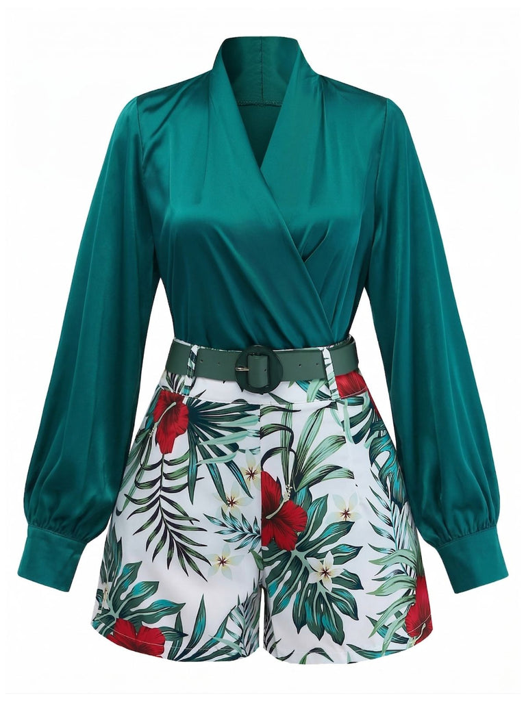2PCS Green 1950s Satin Top & Floral Shorts - vintage top, retro blouse for vintage lovers