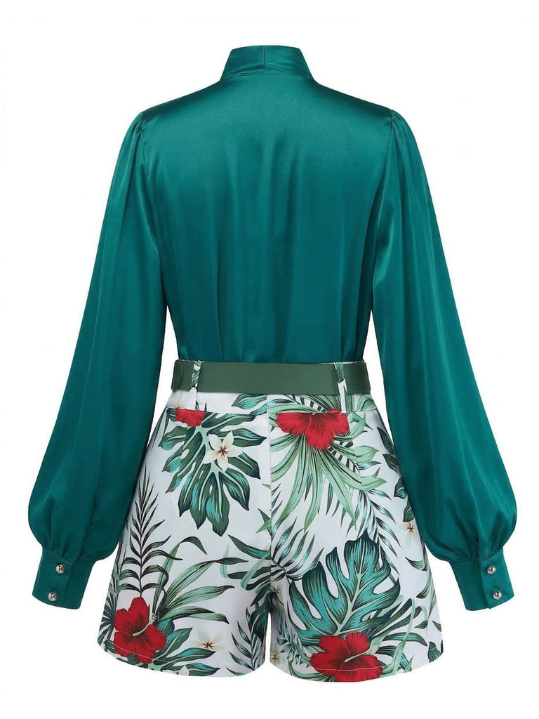 2PCS Green 1950s Satin Top & Floral Shorts - vintage top, retro blouse for vintage lovers