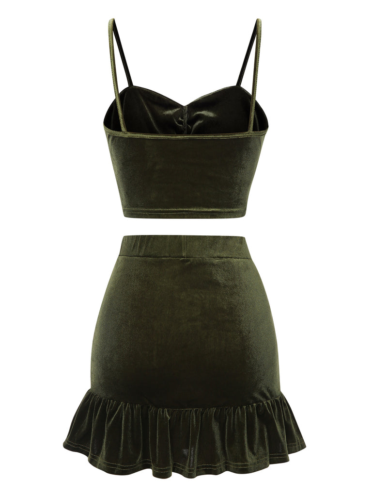 2PCS Green 1960s Flannelette Ruffles Top&Skirt, vintage skirt, retro style - perfect for women who love vintage and retro fashion