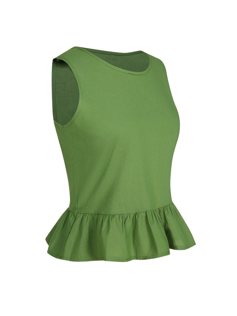 2PCS Green 1960s Ruffled Hem Top & Cropped Pants, vintage top, retro blouse - perfect for women who love vintage and retro fashion
