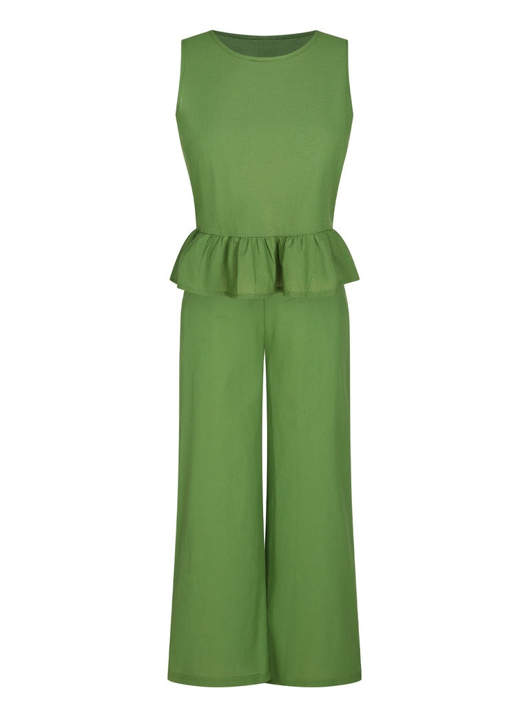 2PCS Green 1960s Ruffled Hem Top & Cropped Pants, vintage top, retro blouse - perfect for women who love vintage and retro fashion