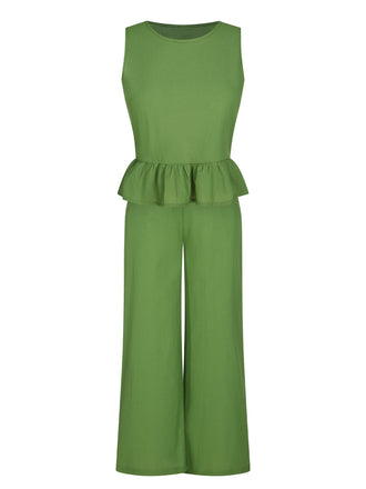 2PCS Green 1960s Ruffled Hem Top & Cropped Pants, vintage top, retro blouse - perfect for women who love vintage and retro fashion
