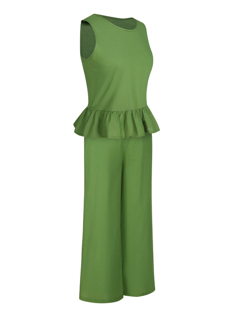 2PCS Green 1960s Ruffled Hem Top & Cropped Pants, vintage top, retro blouse - perfect for women who love vintage and retro fashion