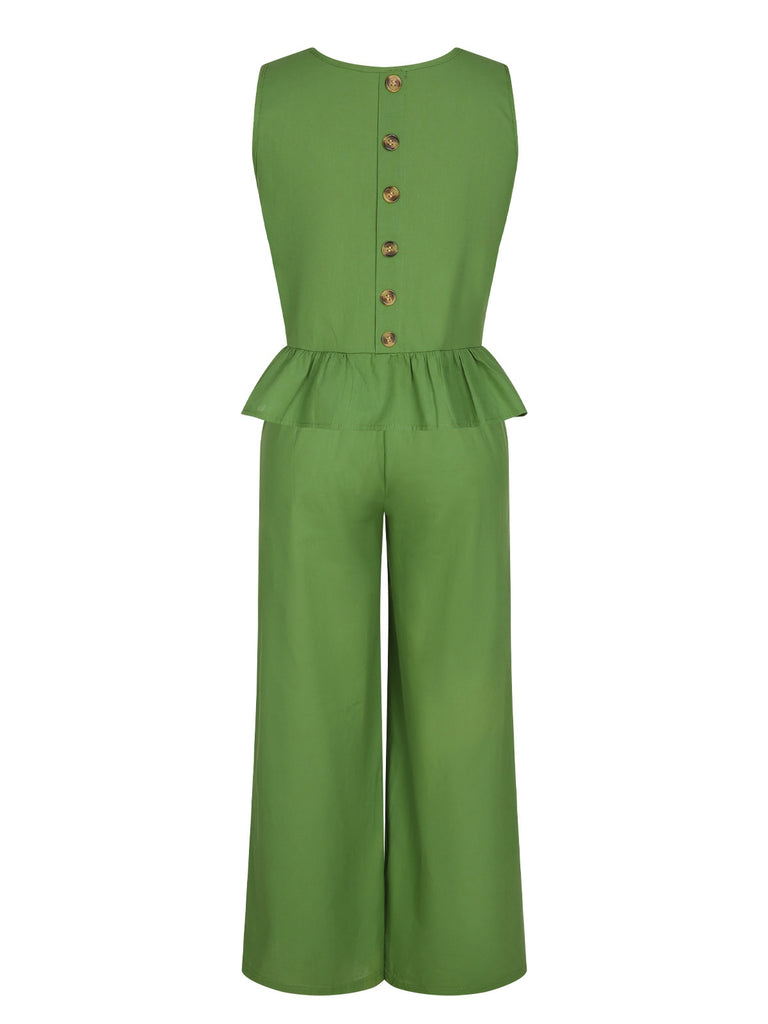 2PCS Green 1960s Ruffled Hem Top & Cropped Pants, vintage top, retro blouse - perfect for women who love vintage and retro fashion