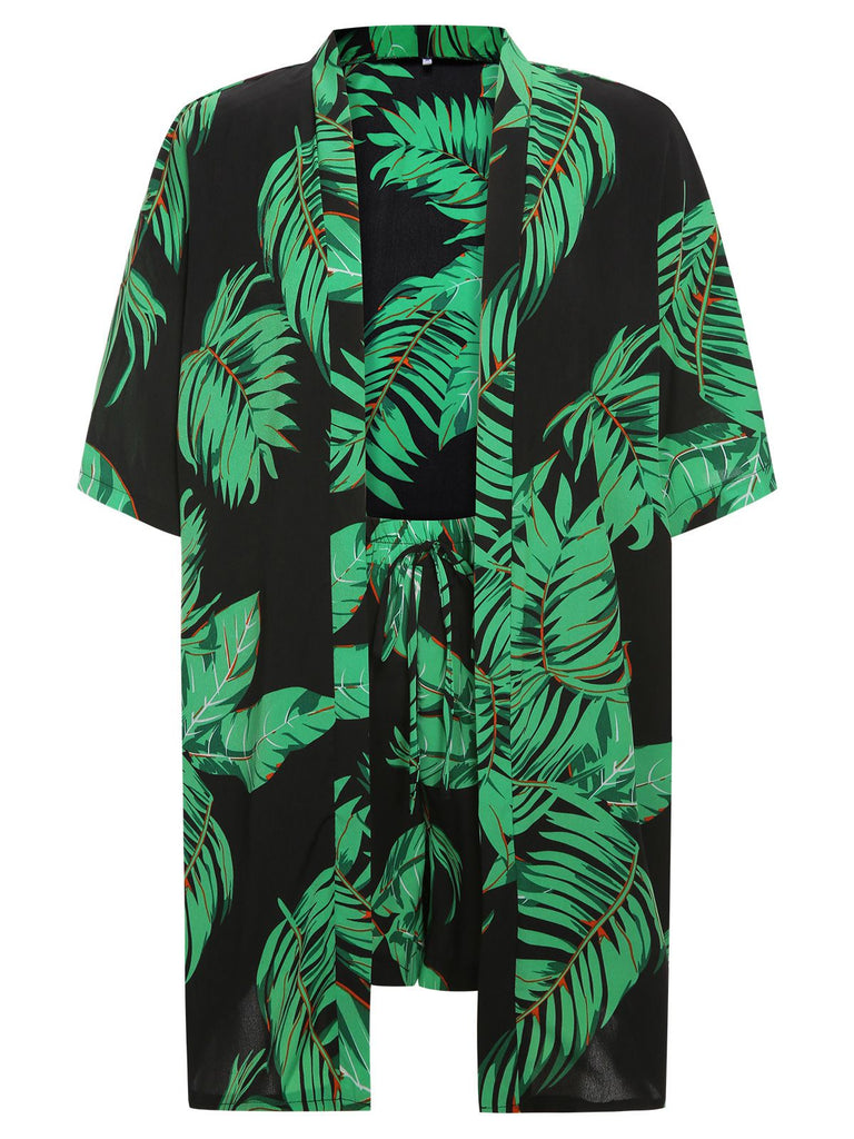 2PCS Green 1980s Palm Leaves Tropical Top & Shorts, vintage top, retro blouse - perfect for women who love vintage and retro fashion