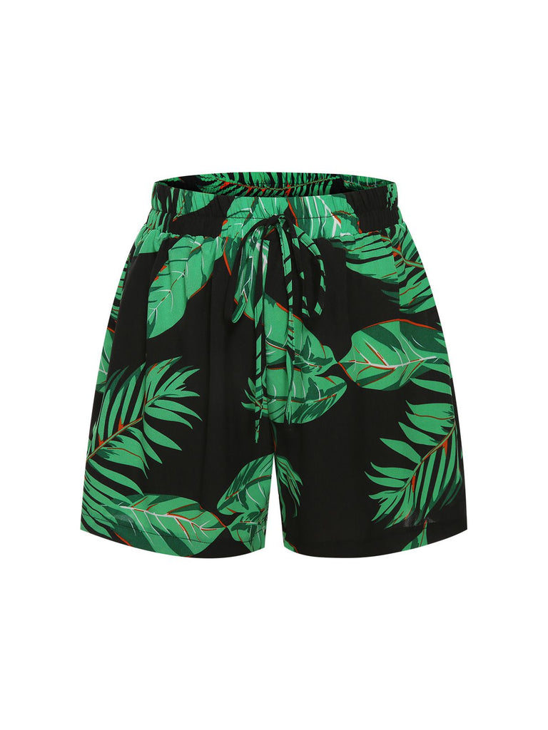 2PCS Green 1980s Palm Leaves Tropical Top & Shorts, vintage top, retro blouse - perfect for women who love vintage and retro fashion