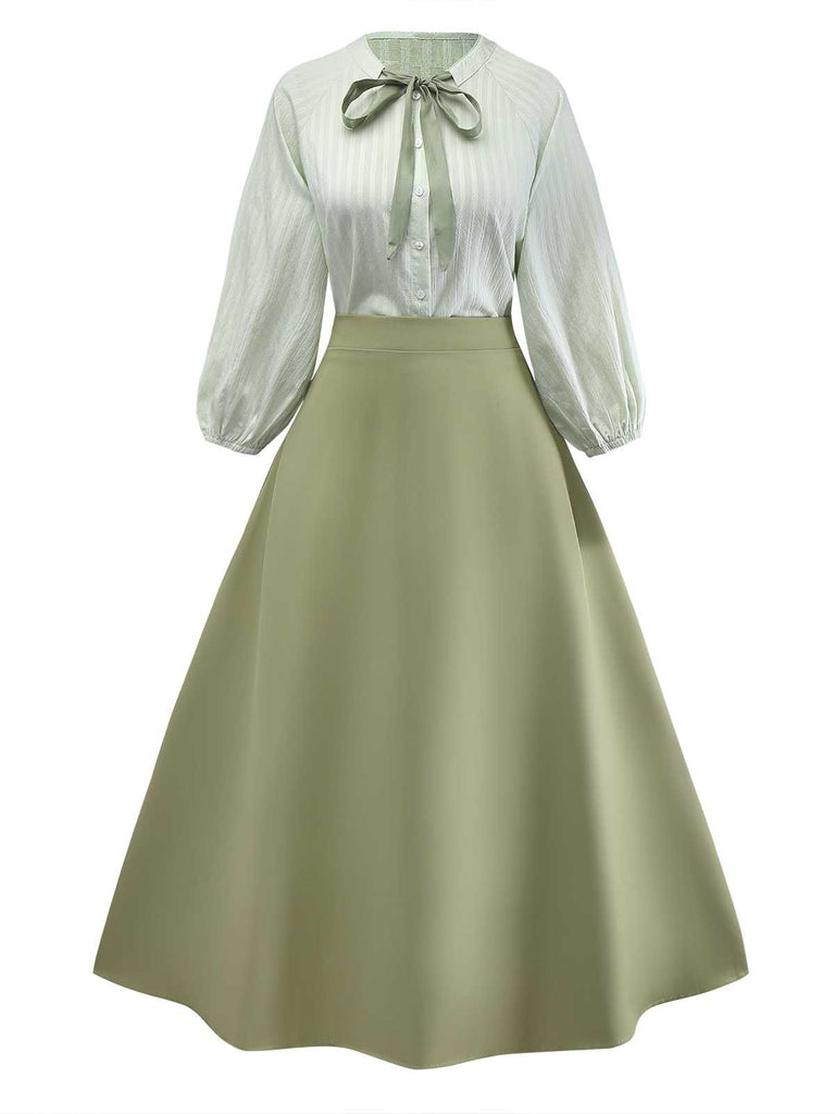 2PCS Green 1980s Tie-Neck Blouse & Solid Skirt - vintage skirt, retro style