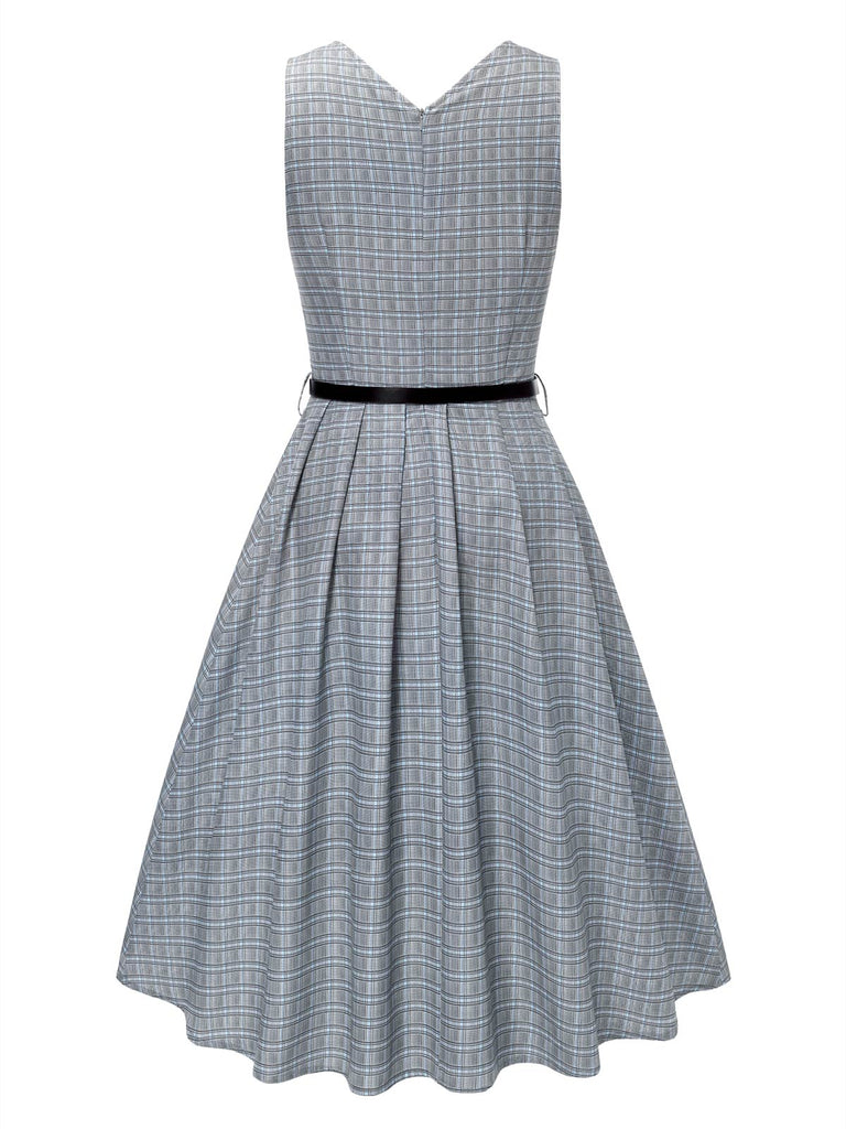 2PCS Grey 1940s V-Neck Plaid Dress & Satin Blouse — a 1940s silhouette that turns sidewalks into runways