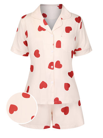 2PCS Heart Short-Sleeved Shirt Shorts Pajamas, vintage pajamas, retro nightwear - perfect for women who love vintage and retro fashion