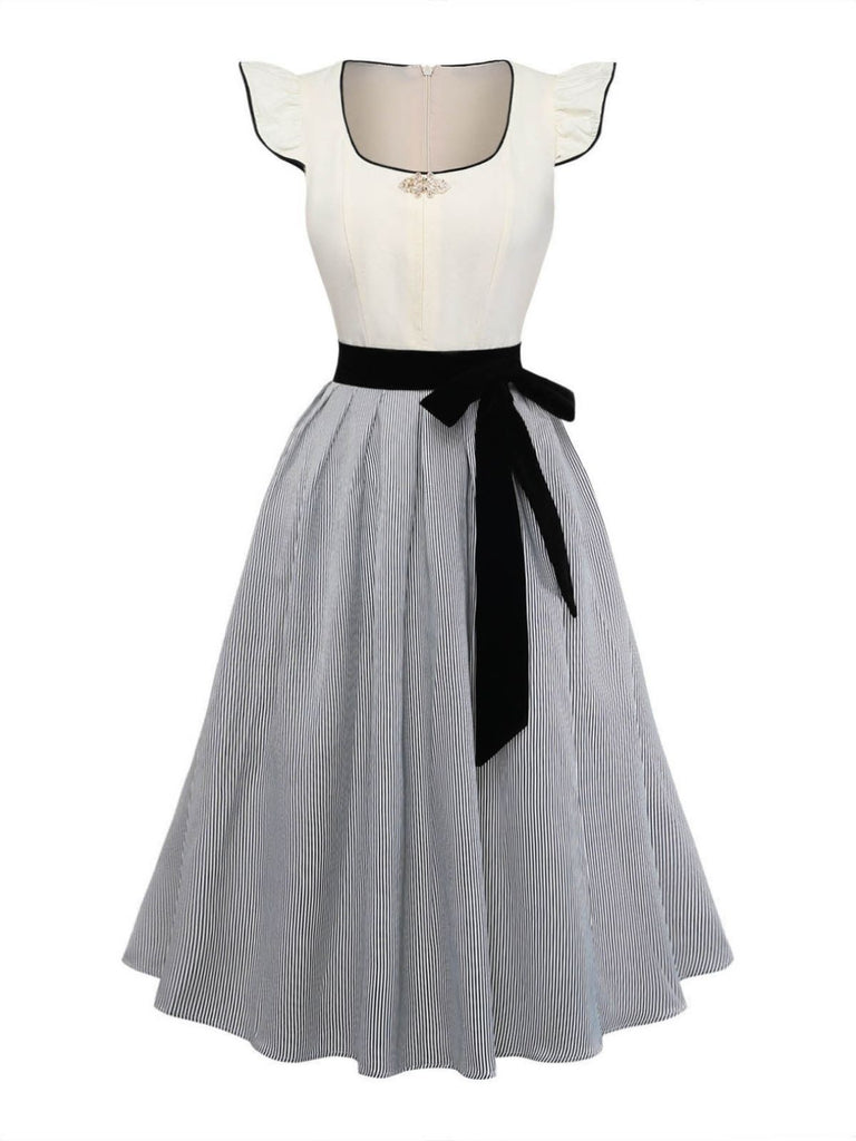 Khaki 1950s Polka Dot Floral Square Neck Dress 9