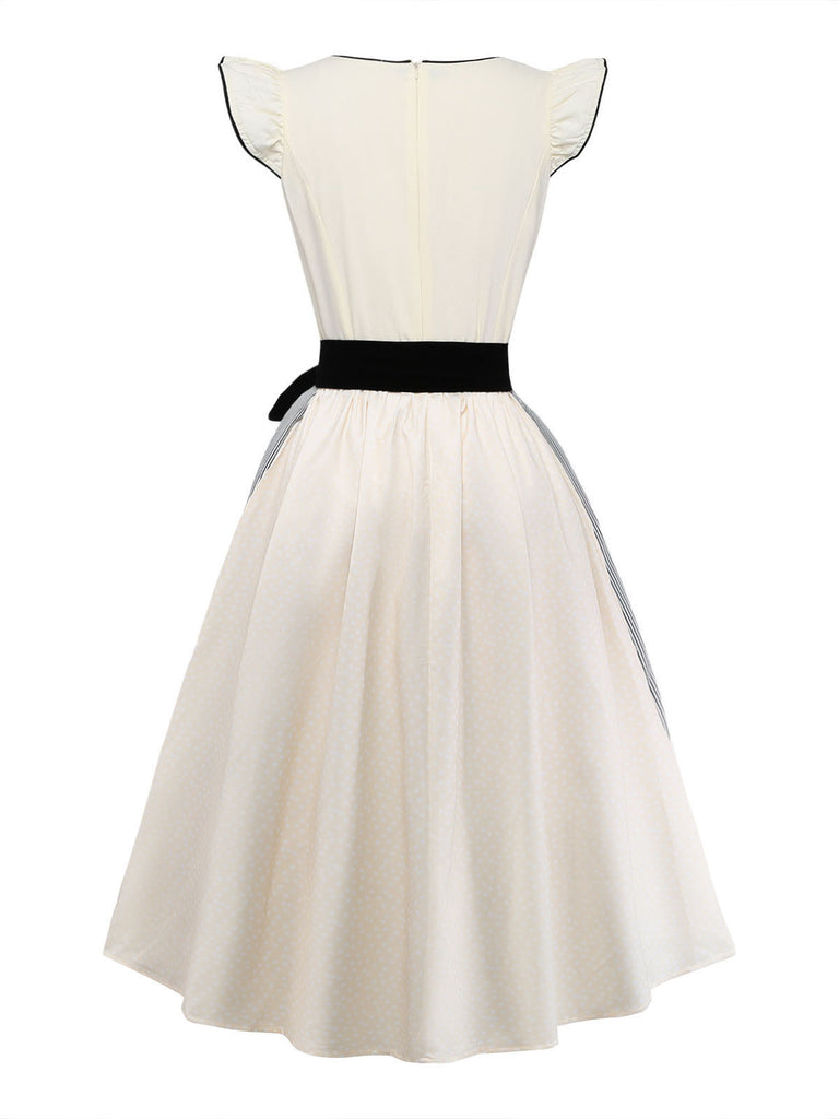 Khaki 1950s Polka Dot Floral Square Neck Dress 4