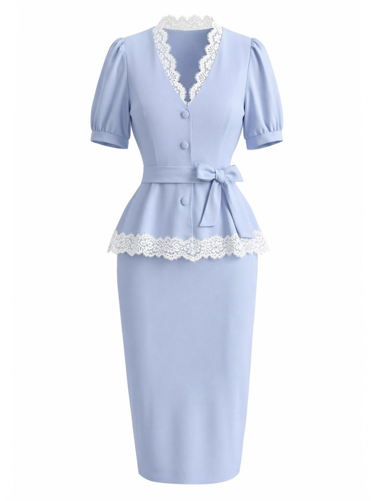 [Pre-Sale] Light Blue 1940s Lace V Neck Two Piece Set 2
