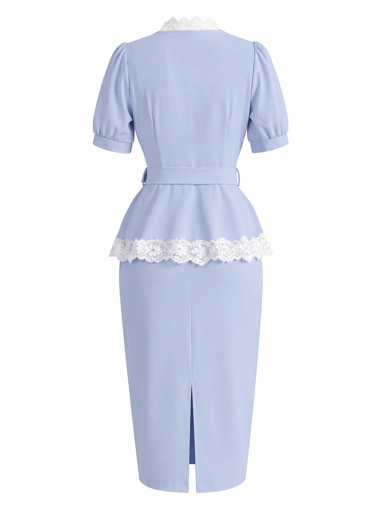 [Pre-Sale] Light Blue 1940s Lace V Neck Two Piece Set 4