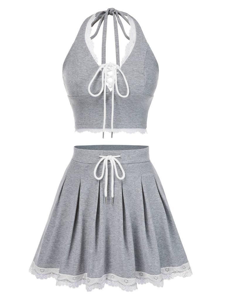 2PCS Light Gray 1950s Lace Halter Top & Pleated Skirt, vintage skirt, retro style - perfect for women who love vintage and retro fashion