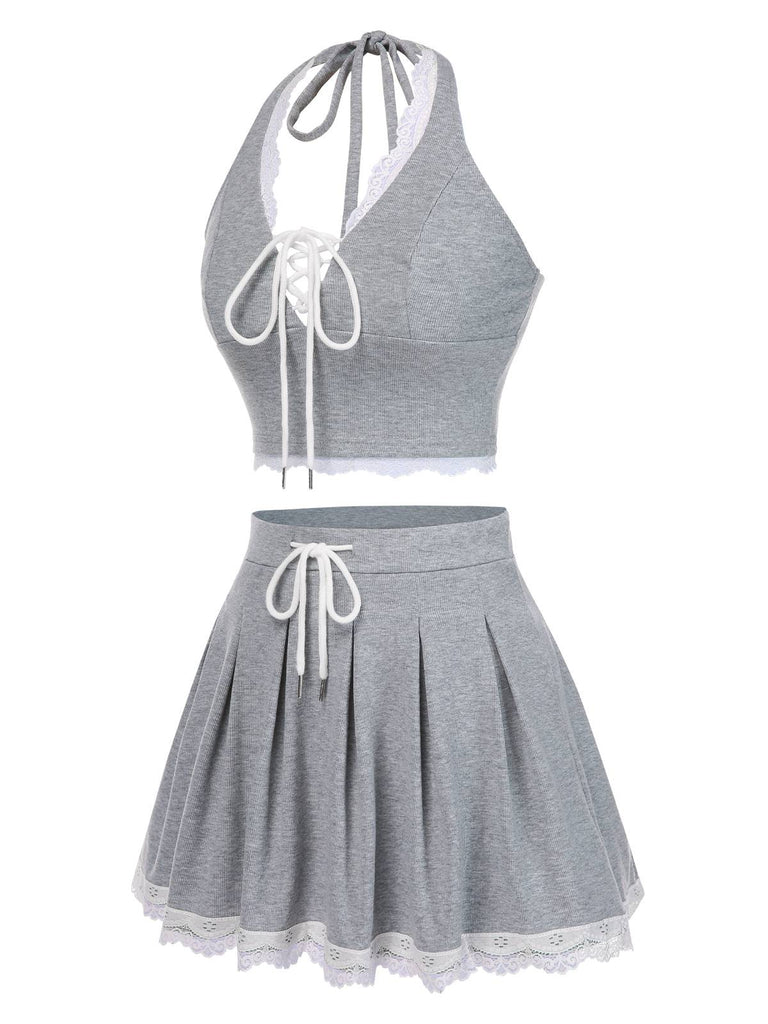 2PCS Light Gray 1950s Lace Halter Top & Pleated Skirt, vintage skirt, retro style - perfect for women who love vintage and retro fashion