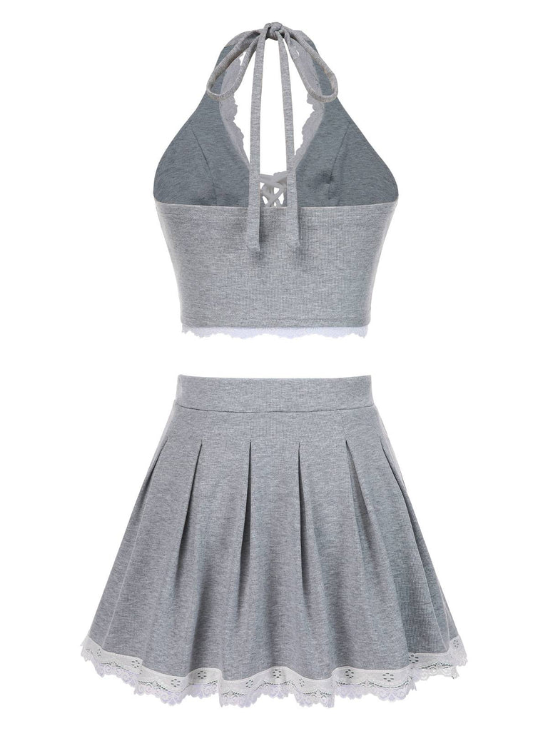 2PCS Light Gray 1950s Lace Halter Top & Pleated Skirt, vintage skirt, retro style - perfect for women who love vintage and retro fashion