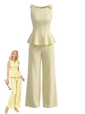 Light Yellow 1950s Ruffle Bow Two Piece Set