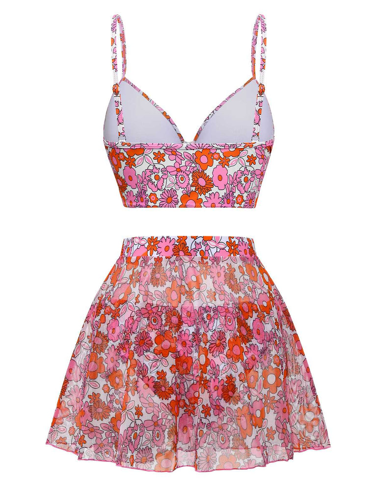2PCS Multicolor 1950s Cartoon Floral Bikini Set & Cover-Up: 1950s Riviera elegance, reimagined for her