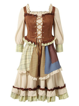 She slips into this 2PCS Multicolor 1950s Oktoberfest Puff Sleeves Dress and suddenly it's a 1950s daydream