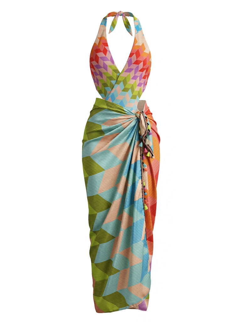 2PCS-Multicolor-1970s-Geometric-Halter-Boho-Swimsuit-Cover-Up, vintage, retro, swimwear