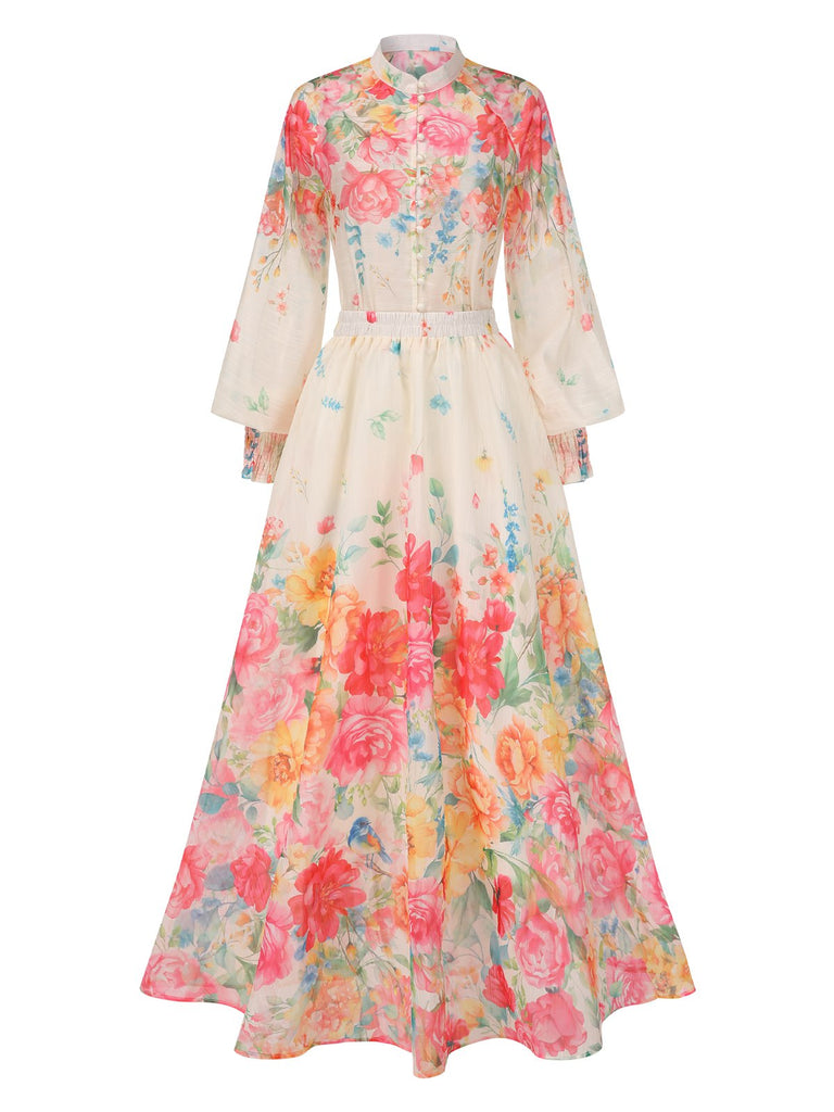 2PCS 1970s Mandarin Collar Floral | 1970s | vintage skirt, retro style