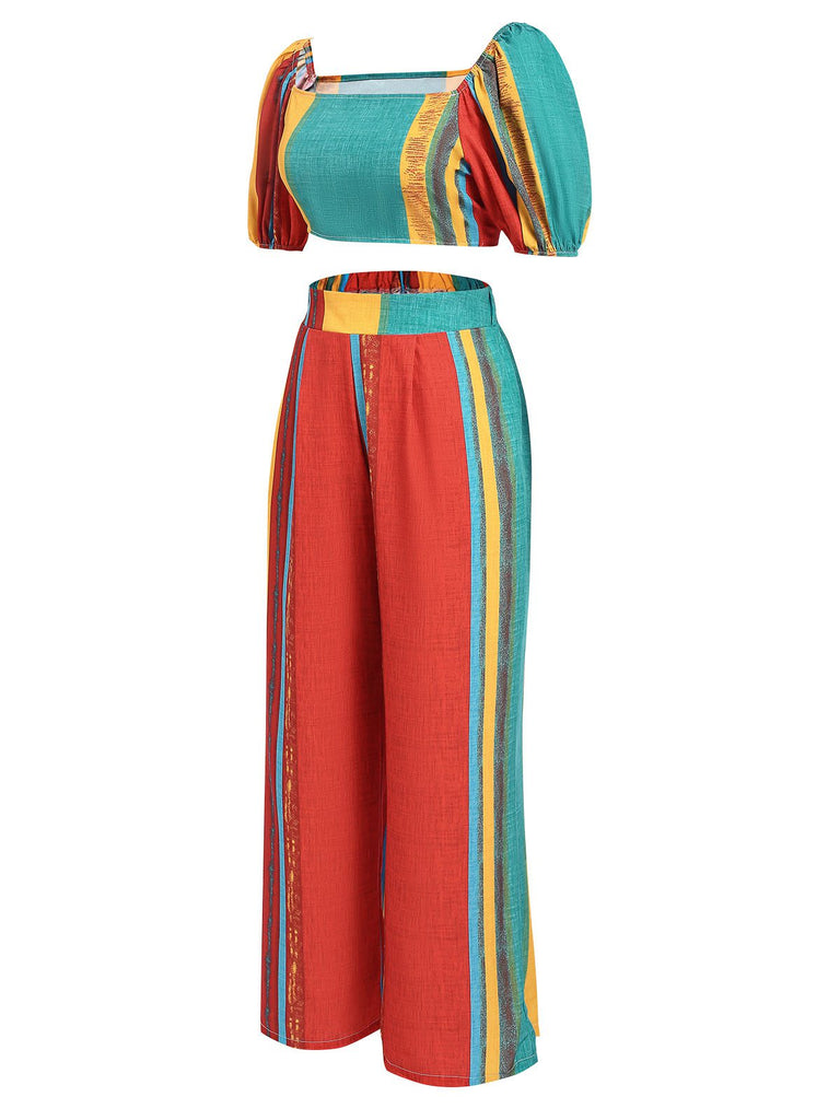 2PCS Multicolor 1970s Puff Sleeves Striped Top & Pants, vintage top, retro blouse - perfect for women who love vintage and retro fashion