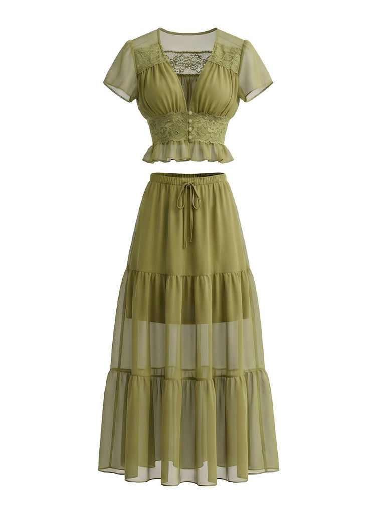 2PCS-Olive-1940s-Lace-Crop-Top-Sheer-Maxi-Skirt-Set, vintage, retro, lace