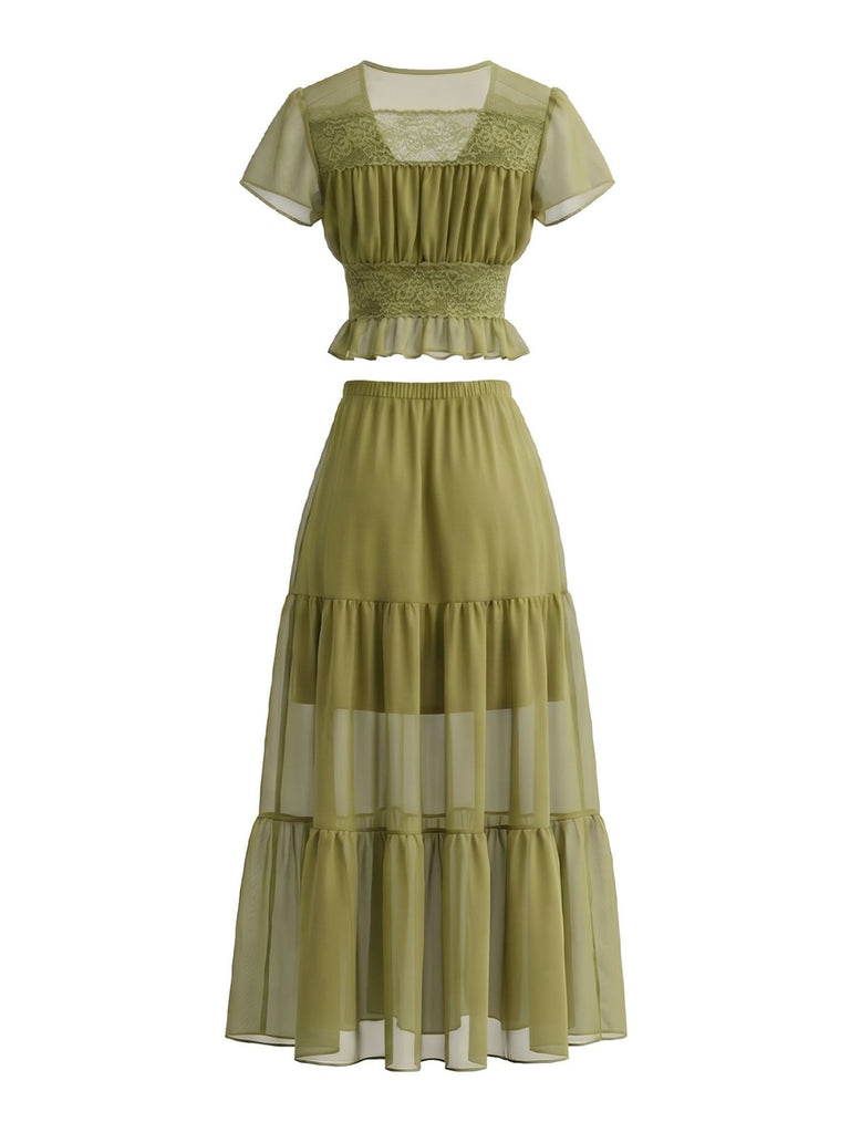 2PCS-Olive-1940s-Lace-Crop-Top-Sheer-Maxi-Skirt-Set, vintage, retro, lace