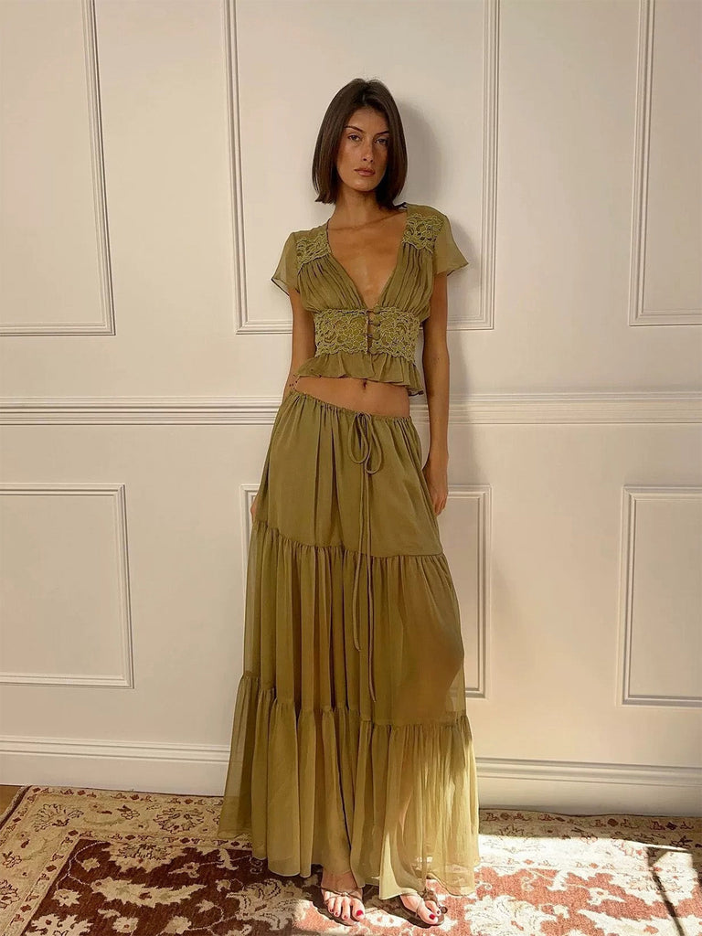 2PCS-Olive-1940s-Lace-Crop-Top-Sheer-Maxi-Skirt-Set, vintage, retro, lace
