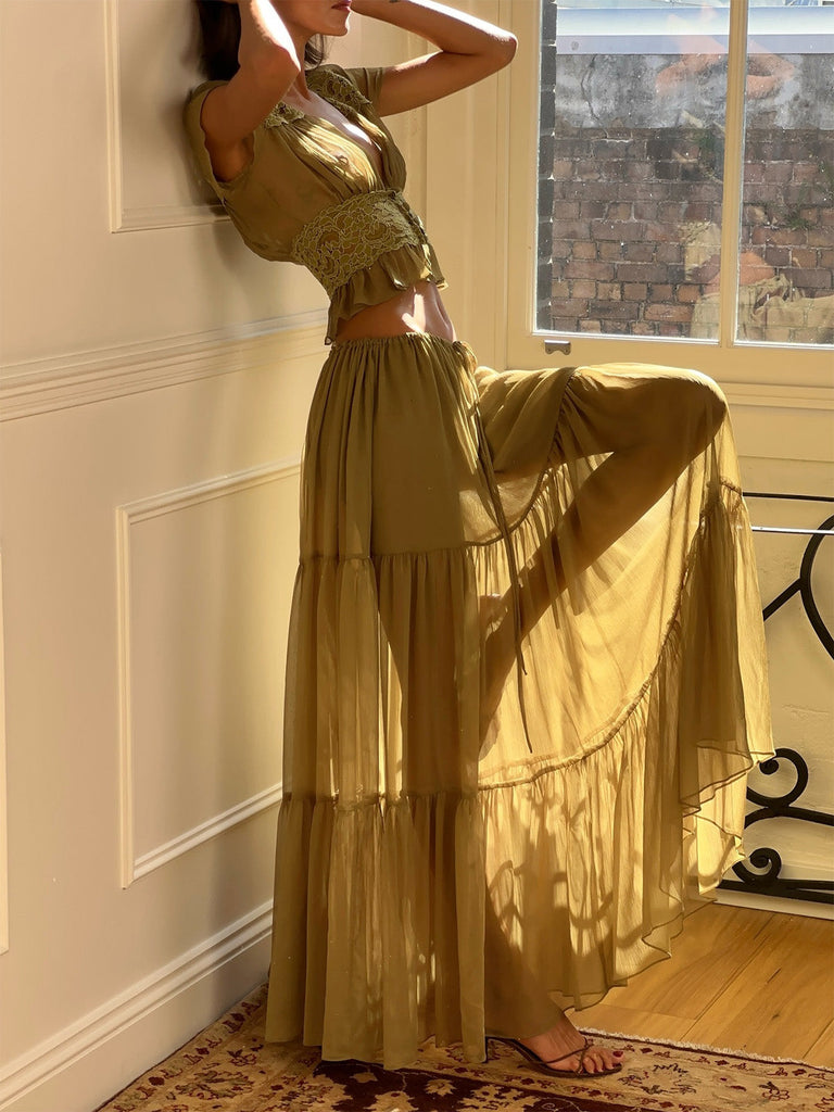 2PCS-Olive-1940s-Lace-Crop-Top-Sheer-Maxi-Skirt-Set, vintage, retro, lace