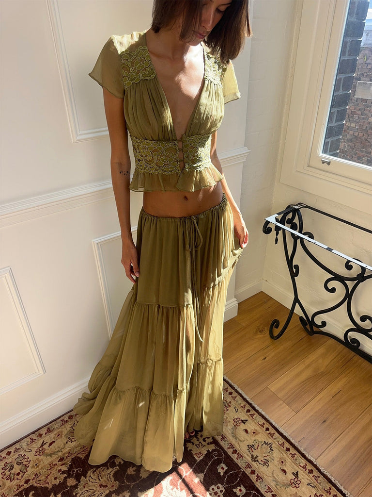 2PCS-Olive-1940s-Lace-Crop-Top-Sheer-Maxi-Skirt-Set, vintage, retro, lace