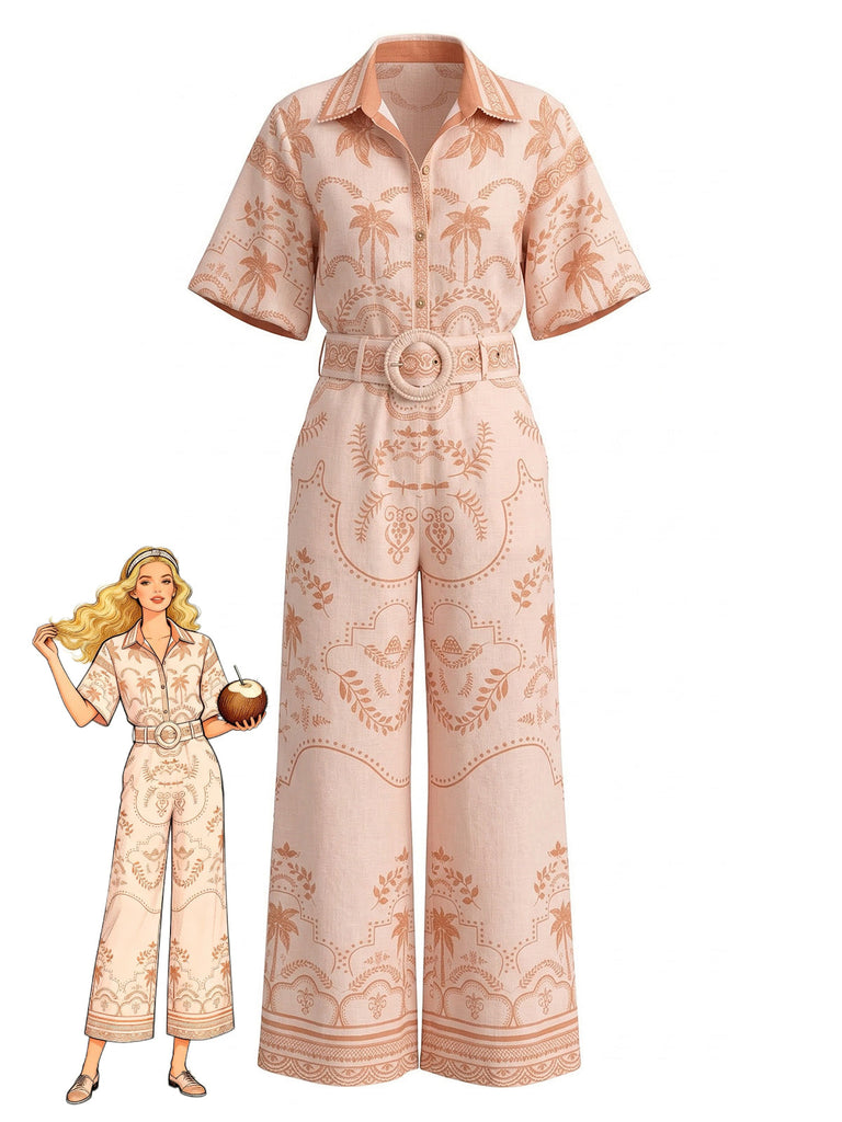 2PCS Orange 1930s Tropical Blouse & Belted Pants - vintage blouse, retro top, classic style for vintage lovers