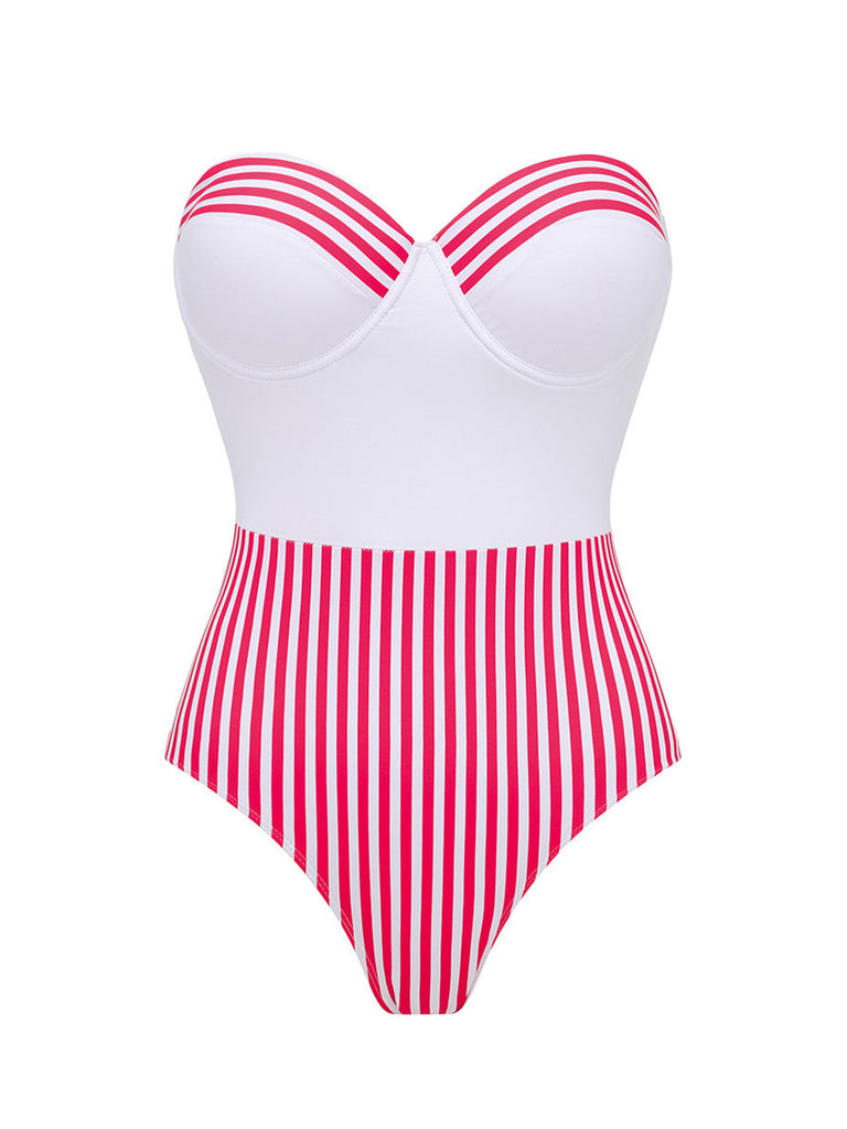 2PCS Pink 1940s Striped Strapless One-Piece Swimsuit & Cover-Up - vintage swimsuit, pin-up swimwear for vintage lovers