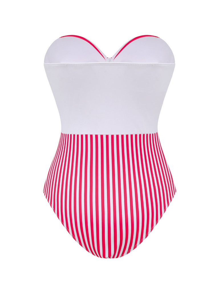 2PCS Pink 1940s Striped Strapless One-Piece Swimsuit & Cover-Up - vintage swimsuit, pin-up swimwear for vintage lovers