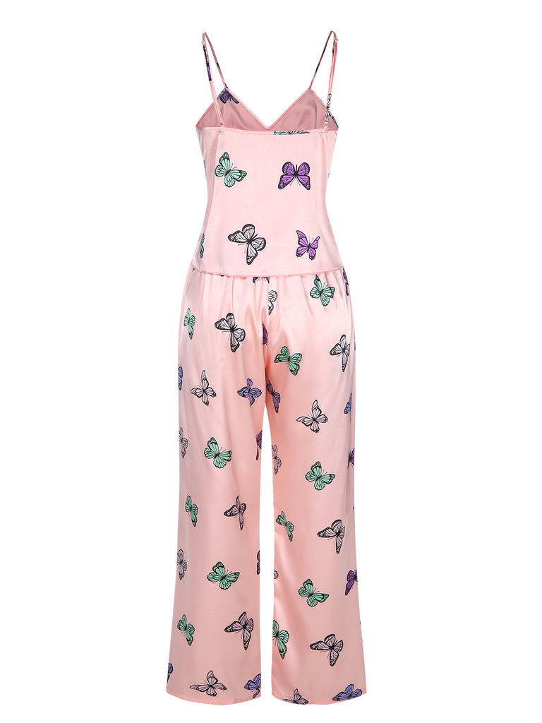 2PCS Pink 1950s Butterfly Suspender V-Neck Sleepwear, vintage fashion, retro style - perfect for women who love vintage and retro fashion