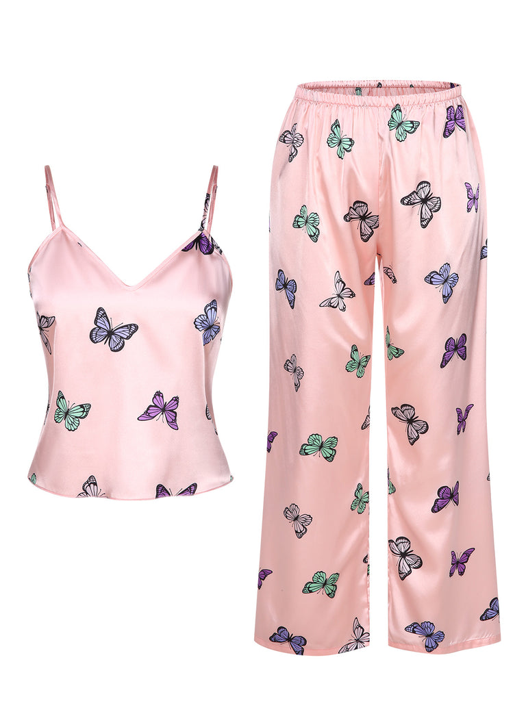 2PCS Pink 1950s Butterfly Suspender V-Neck Sleepwear, vintage fashion, retro style - perfect for women who love vintage and retro fashion