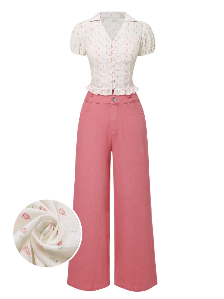 2PCS Pink 1950s Tulip Blouse & Rose Button Pants - vintage fashion, retro style